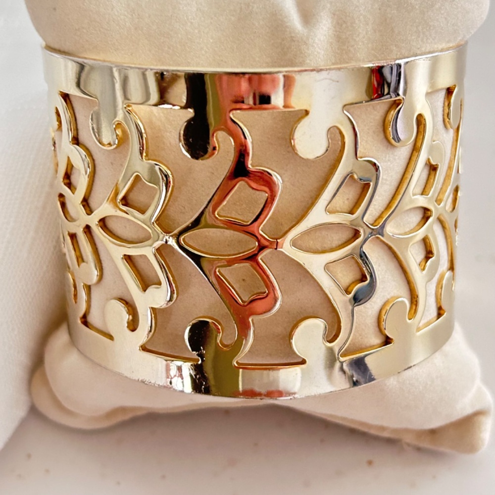 Filigree Cut Out Statement Wide Large Cuff Metal Bangle Bracelet Gold Tone